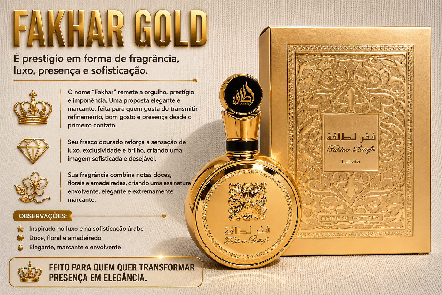 Perfume Lattafa Fakhar Gold 100ml - O nível mais alto da perfumaria.