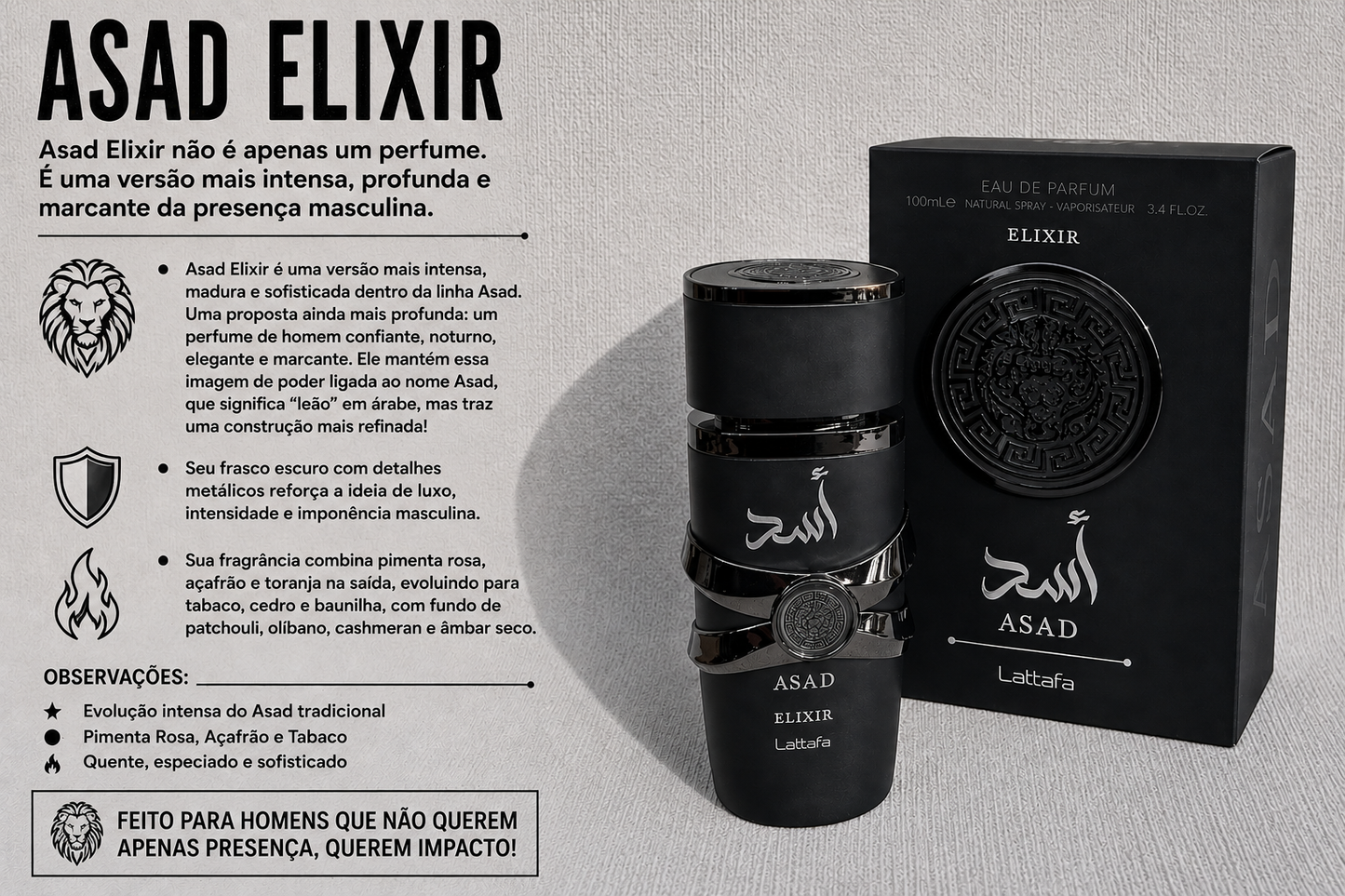 Perfume Asad Elixir 100ml — Não é perfume. É essência de poder concentrada.
