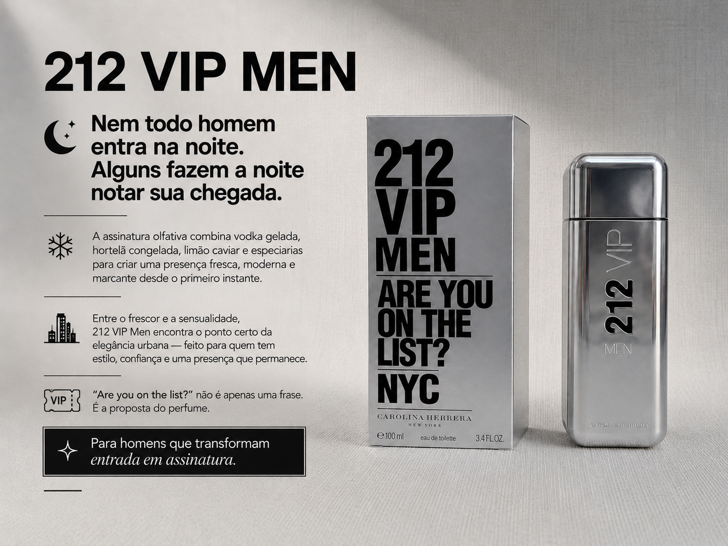 Perfume Carolina Herrera 212 Vip Men 100ml - Elegância moderna para quem vive no ritmo da cidade