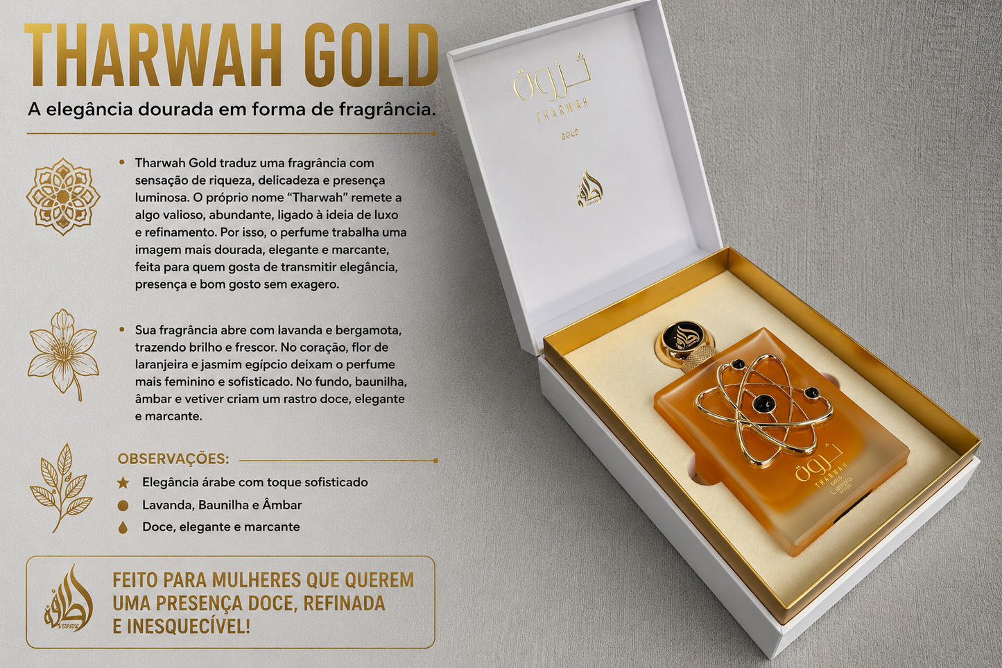 Perfume Tharwah Gold 100ml — Luxo que se sente antes mesmo de chegar.