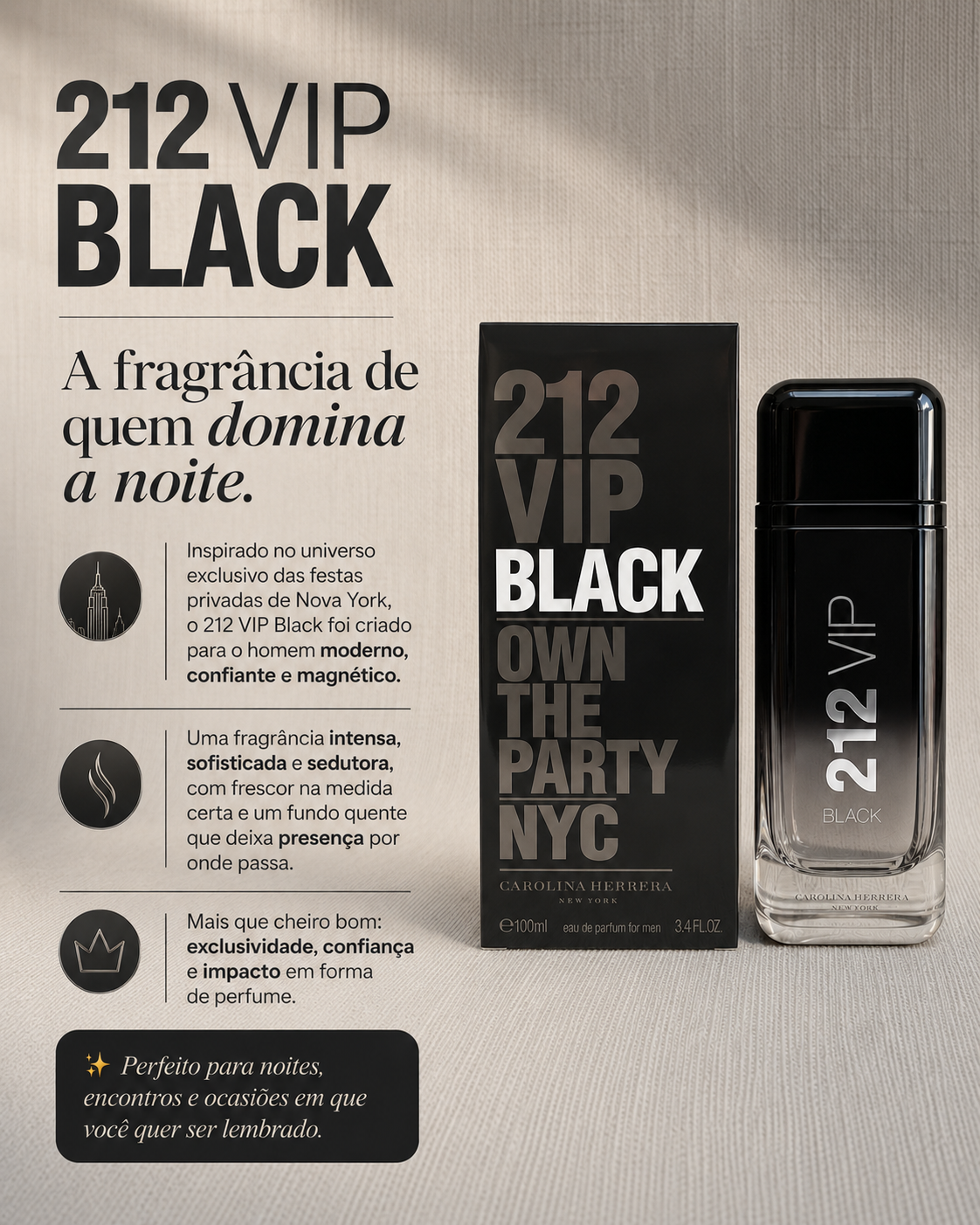 Perfume Carolina Herrera 212 Vip Black 100ml - O perfume da noite, intenso, misterioso e viciante.